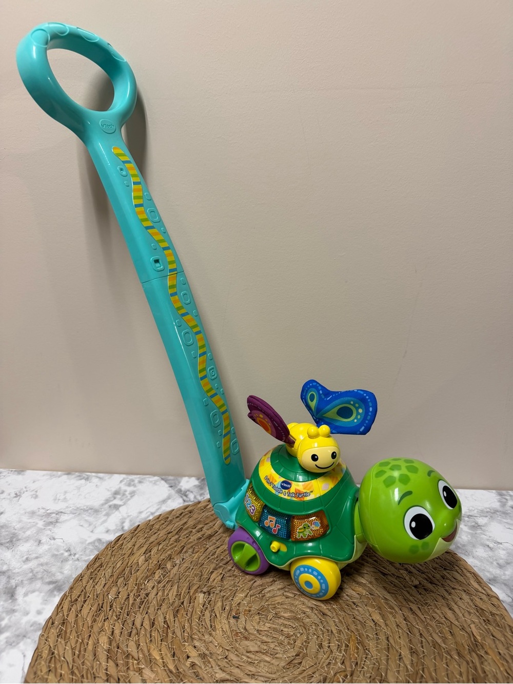 Fisher-Price Teal Handle Green Turtle Push Walker with Colorful Butterfly